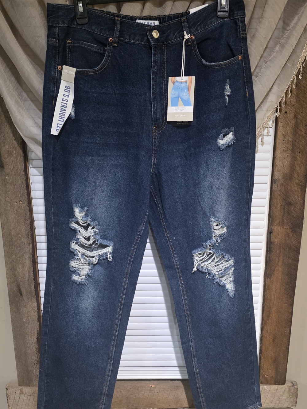 Wax Jean Dark Blue Distressed Straight-Leg Women's Jeans